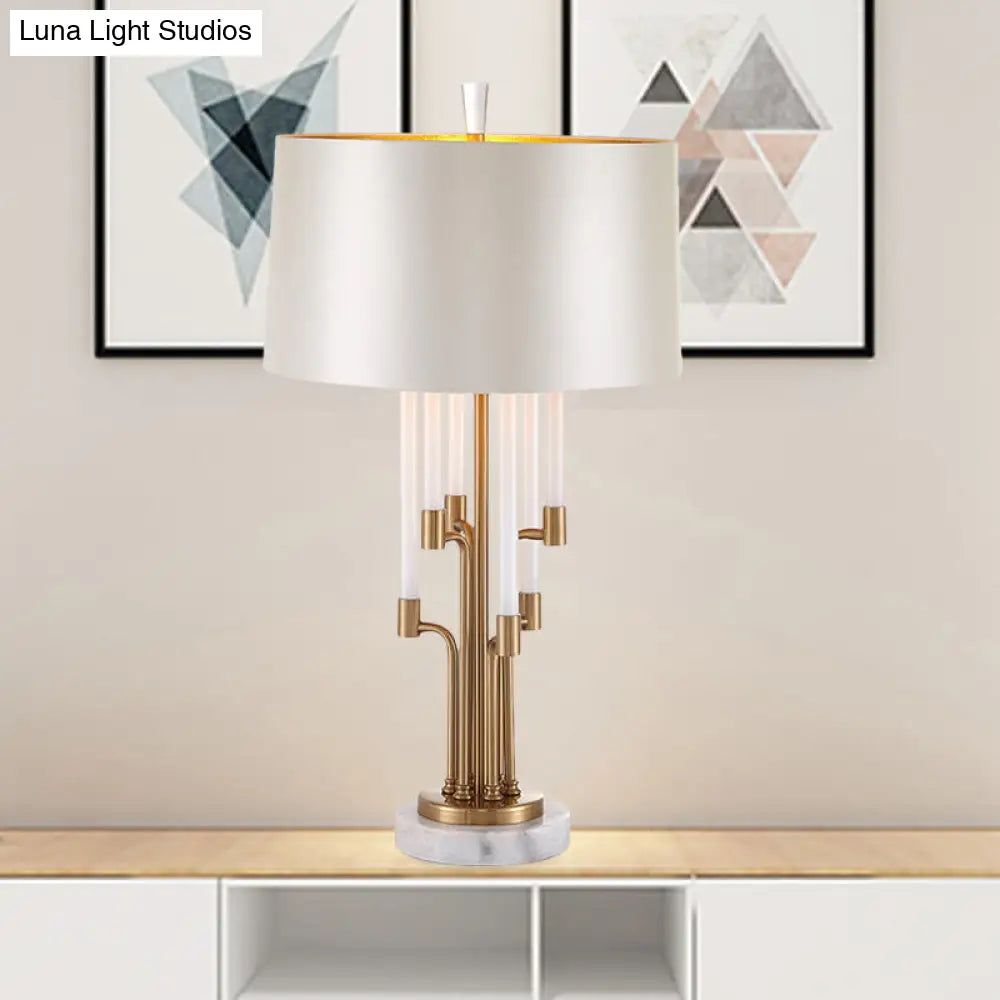 Traditional Drum Table Lamp With Inner Gold Base And Flute Crystal Deco