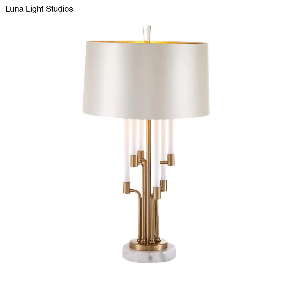 Elisa - Classic Traditional Drum Table Light 1 Fabric Nightstand Lighting In Inner Gold With Flute