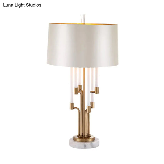 Elisa - Classic Traditional Drum Table Light 1 Fabric Nightstand Lighting In Inner Gold With Flute