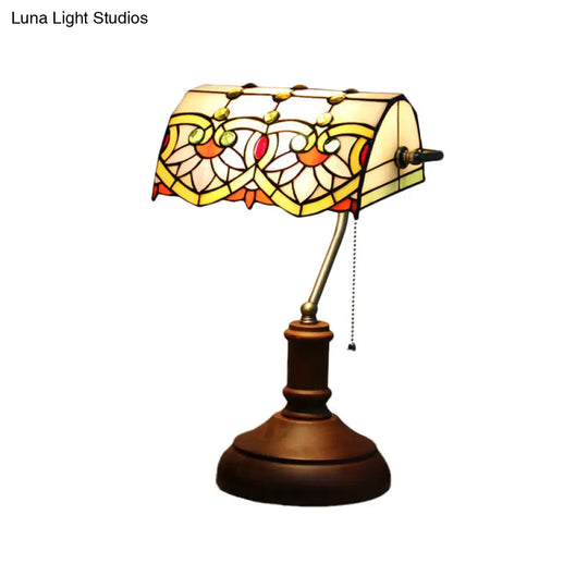 Dark Brown Stained Glass Nightstand Table Lamp With Pull Chain - Mediterranean Style