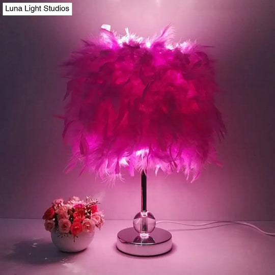 Contemporary Feather Cylinder Table Lamp With Crystal Ball - Red/Pink/Burgundy Purple