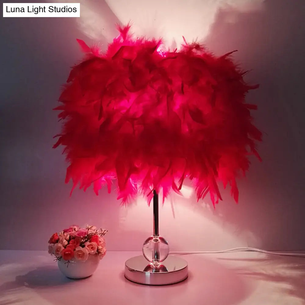 Contemporary Feather Cylinder Table Lamp With Crystal Ball - Red/Pink/Burgundy Red