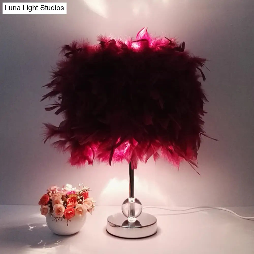 Contemporary Feather Cylinder Table Lamp With Crystal Ball - Red/Pink/Burgundy Burgundy