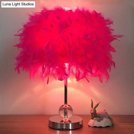 Contemporary Feather Cylinder Table Lamp With Crystal Ball - Red/Pink/Burgundy Peach