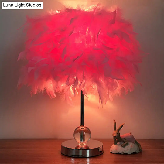 Contemporary Feather Cylinder Table Lamp With Crystal Ball - Red/Pink/Burgundy Pink