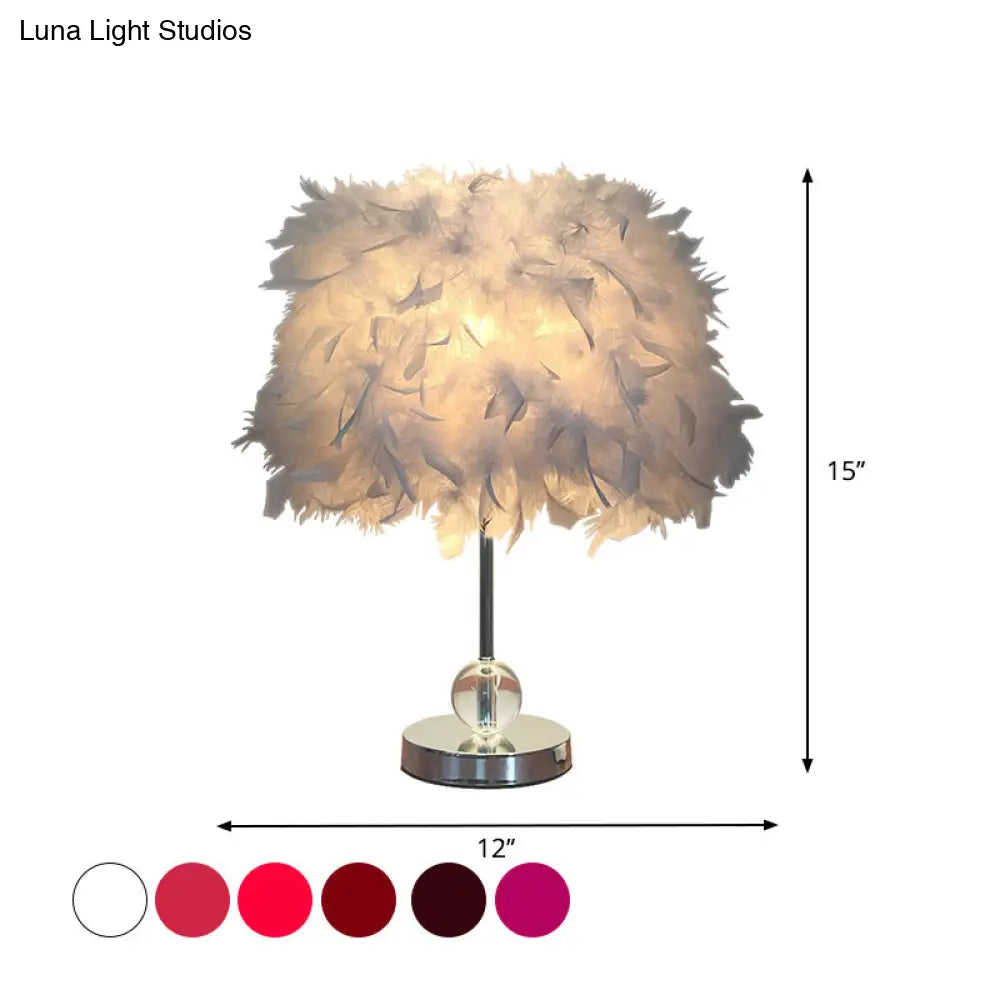 Contemporary Feather Cylinder Table Lamp With Crystal Ball - Red/Pink/Burgundy