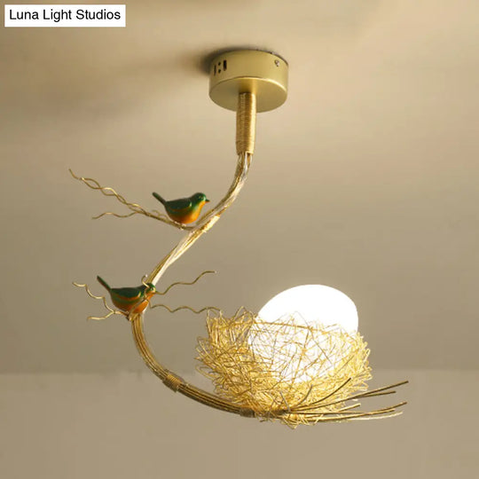 Eliza - Rustic Bird Egg Shaped Ceiling Chandelier 3 Lights Milk White Glass Golden Hanging Light