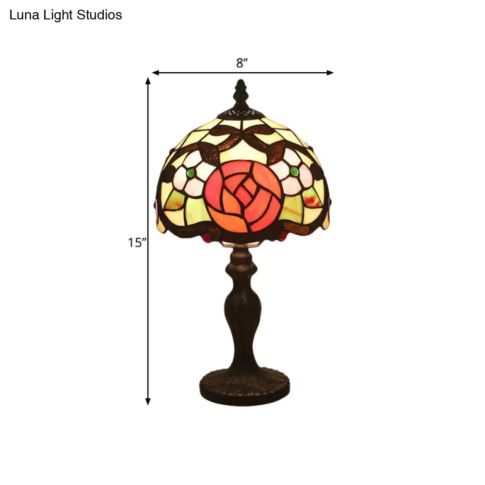 Elizabeth - Rose Domed Table Light 1 Hand Cut Glass Tiffany Style Patterned Nightstand Lamp For