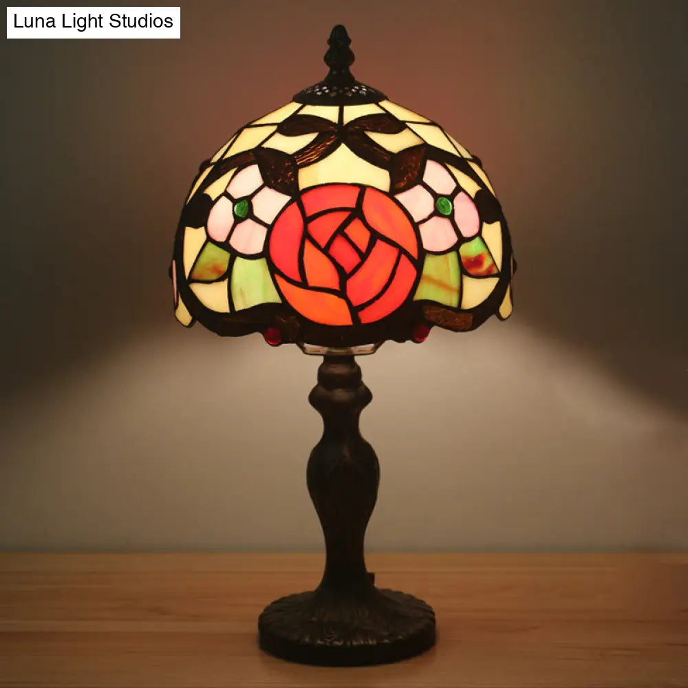 Elizabeth - Rose Domed Table Light 1 Hand Cut Glass Tiffany Style Patterned Nightstand Lamp For