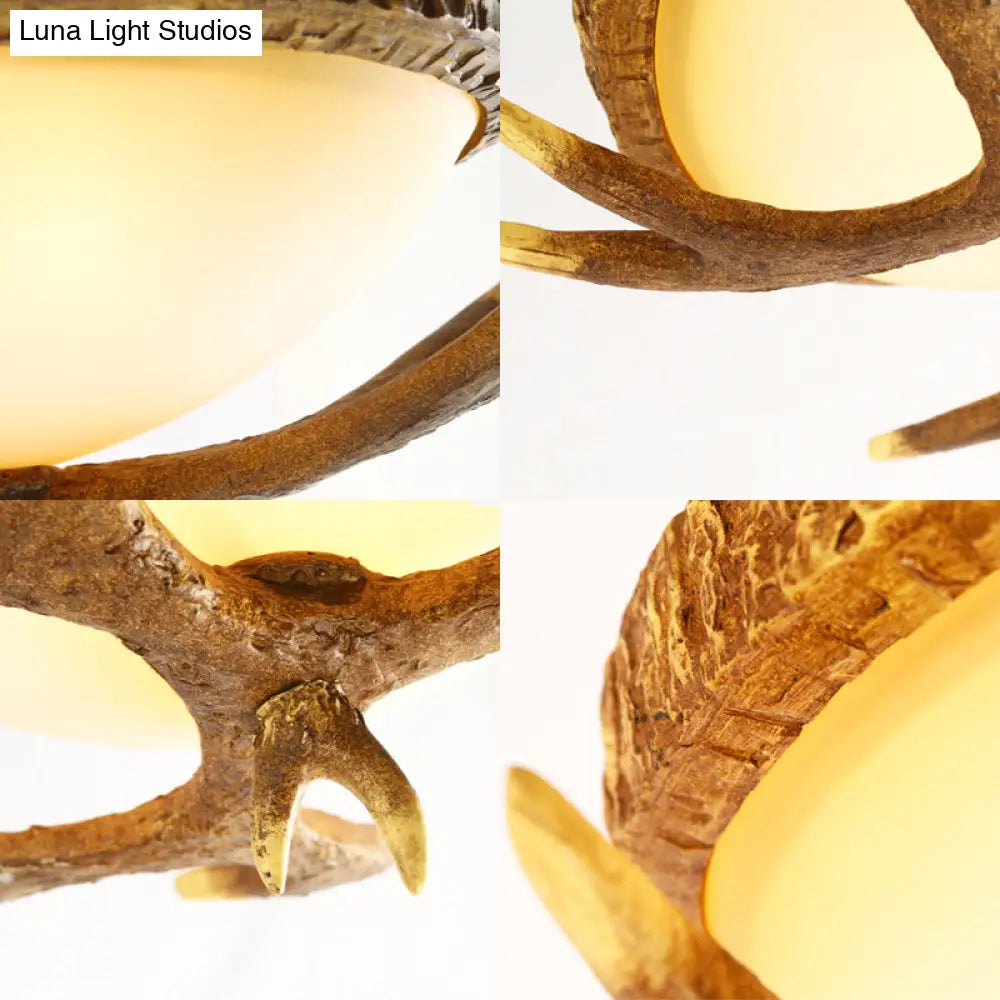 Elk Antler 3-Light Wood Brown Flush Mount Ceiling Fixture With Domed Glass Shade - Traditional