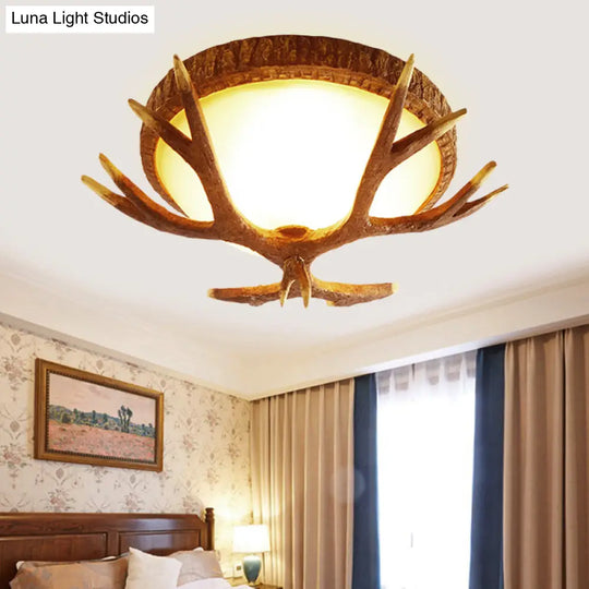 Elk Antler 3-Light Wood Brown Flush Mount Ceiling Fixture With Domed Glass Shade - Traditional