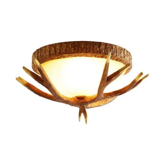 Elk Antler 3-Light Wood Brown Flush Mount Ceiling Fixture With Domed Glass Shade - Traditional