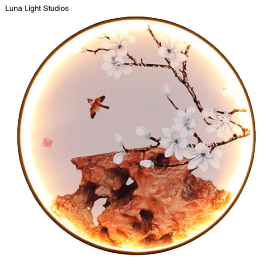 Elk/Bird Painting Wall Mural Lamp: Fabric Black Led Sconce Light Fixture For Tearoom In Asia