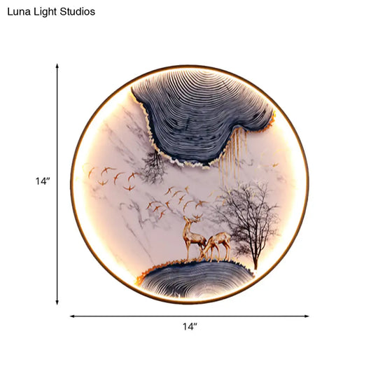 Elk/Bird Painting Wall Mural Lamp: Fabric Black Led Sconce Light Fixture For Tearoom In Asia