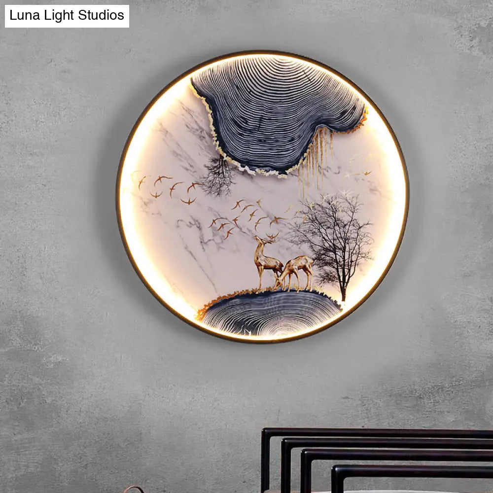 Elk/Bird Painting Wall Mural Lamp: Fabric Black Led Sconce Light Fixture For Tearoom In Asia