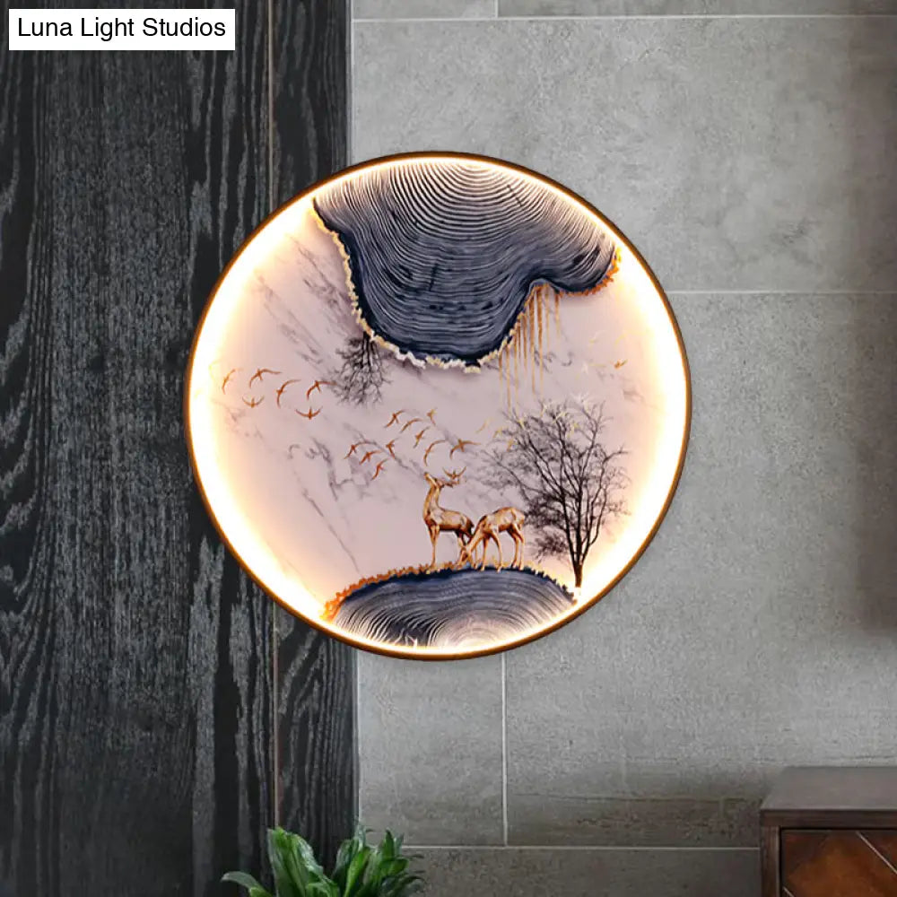 Elk/Bird Painting Wall Mural Lamp: Fabric Black Led Sconce Light Fixture For Tearoom In Asia