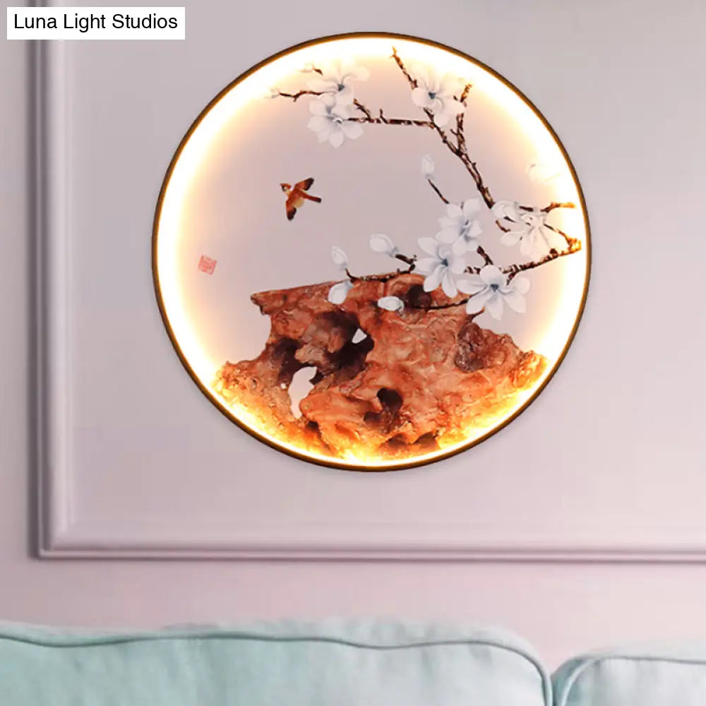 Elk/Bird Painting Wall Mural Lamp: Fabric Black Led Sconce Light Fixture For Tearoom In Asia