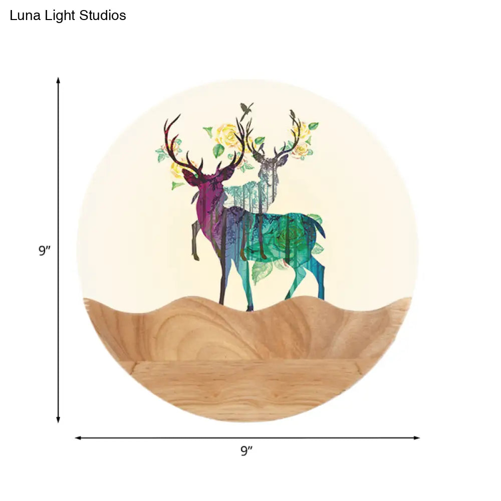 Elk Deer Acrylic Wall Mount Led Light With Oriental Circular Pattern