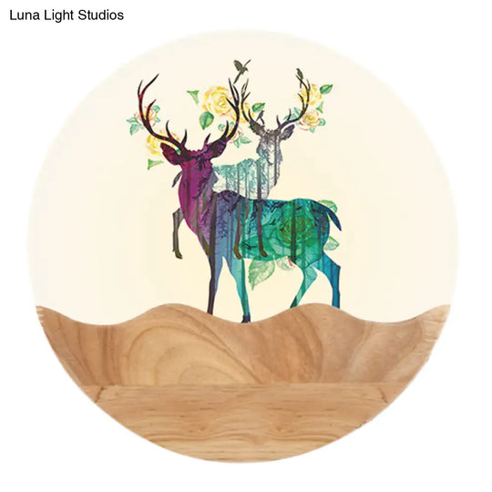 Elk Deer Acrylic Wall Mount Led Light With Oriental Circular Pattern