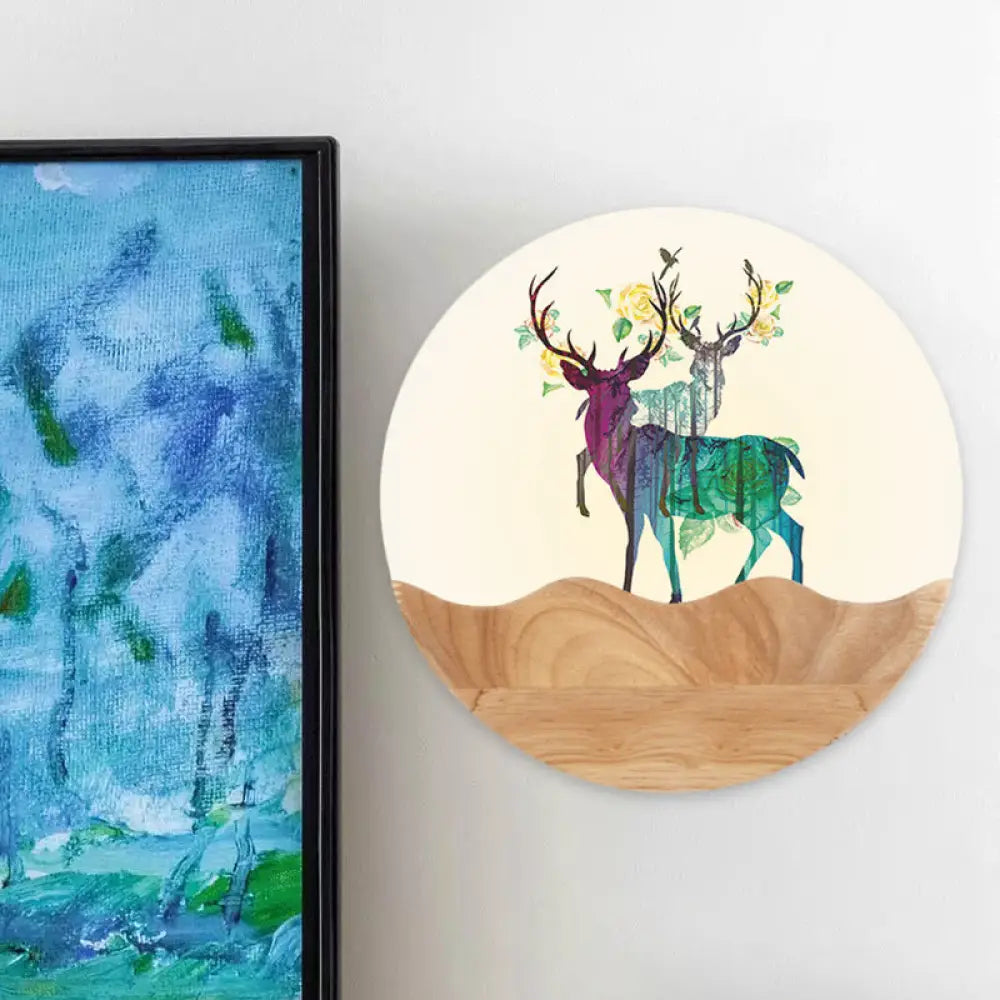 Elk Deer Acrylic Wall Mount Led Light With Oriental Circular Pattern Wood