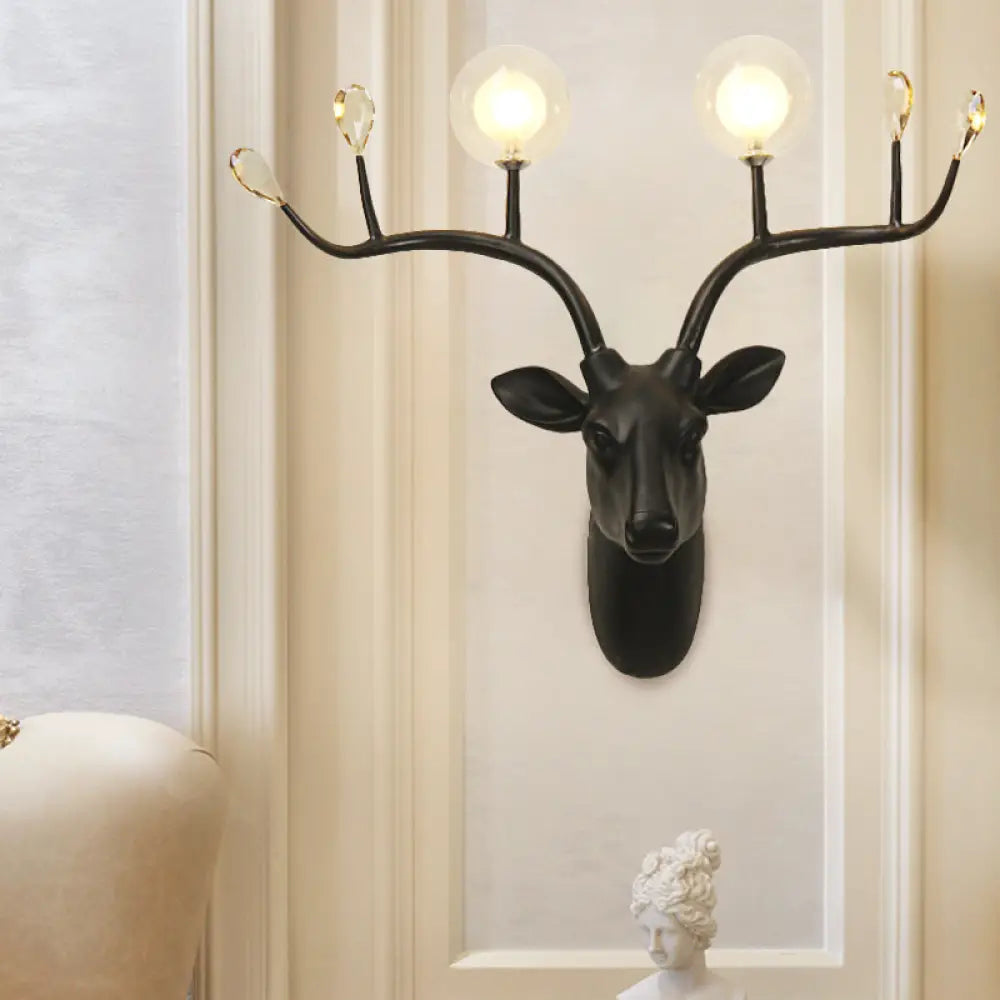 Elk Head Wall Sconce Light With Vintage White/Black Resin And Modo Clear Glass Shade - 1-Bulb