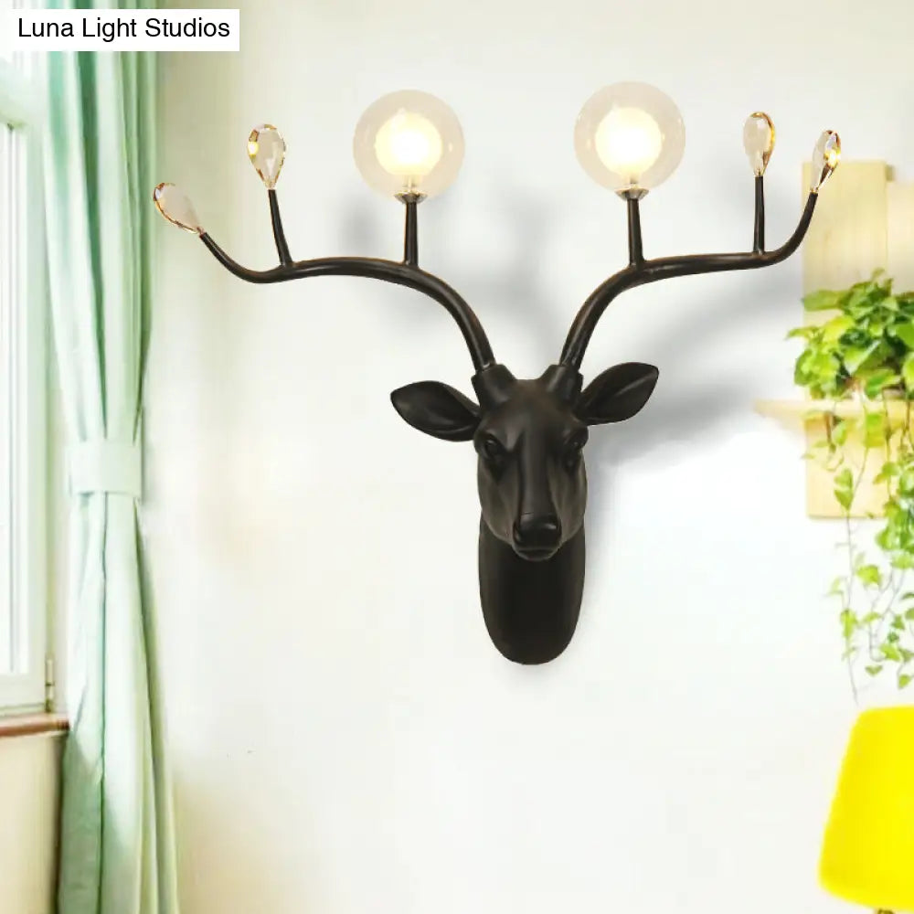 Elk Head Wall Sconce Light With Vintage White/Black Resin And Modo Clear Glass Shade - 1-Bulb