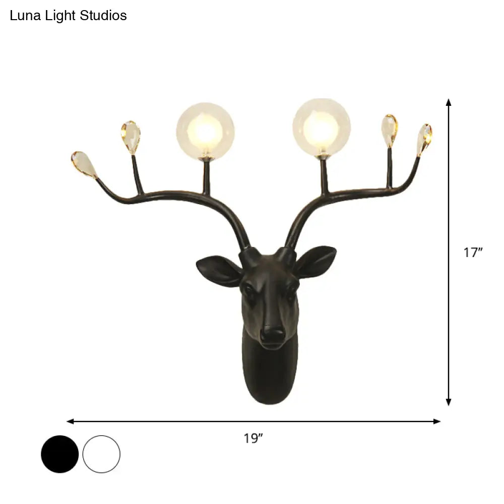 Elk Head Wall Sconce Light With Vintage White/Black Resin And Modo Clear Glass Shade - 1-Bulb