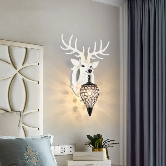 Elk Lodge Style Wall Light With Crystal Lantern Shade For Bedroom - Brown/White Resin 1 White