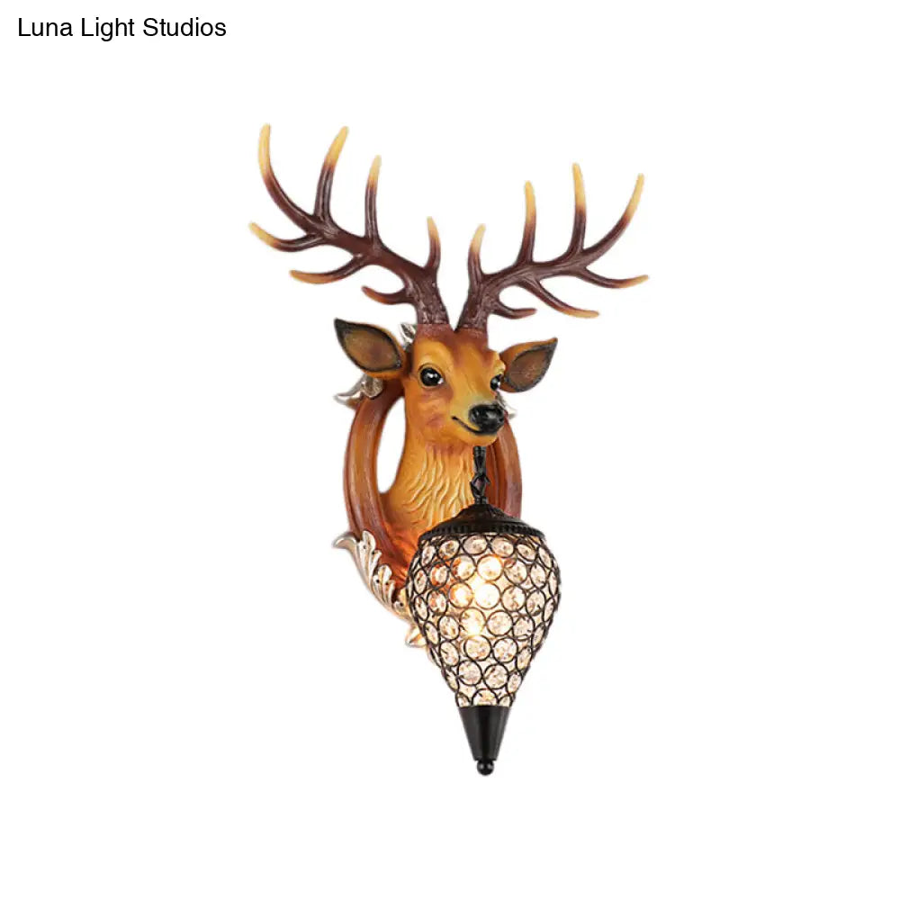 Elk Lodge Style Wall Light With Crystal Lantern Shade For Bedroom - Brown/White Resin 1