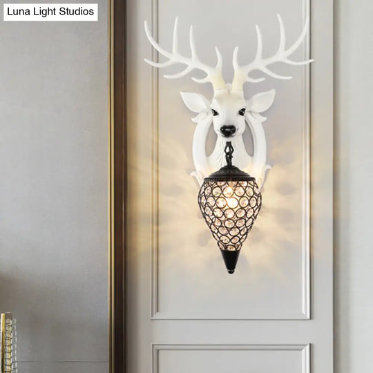 Elk Lodge Style Wall Light With Crystal Lantern Shade For Bedroom - Brown/White Resin 1