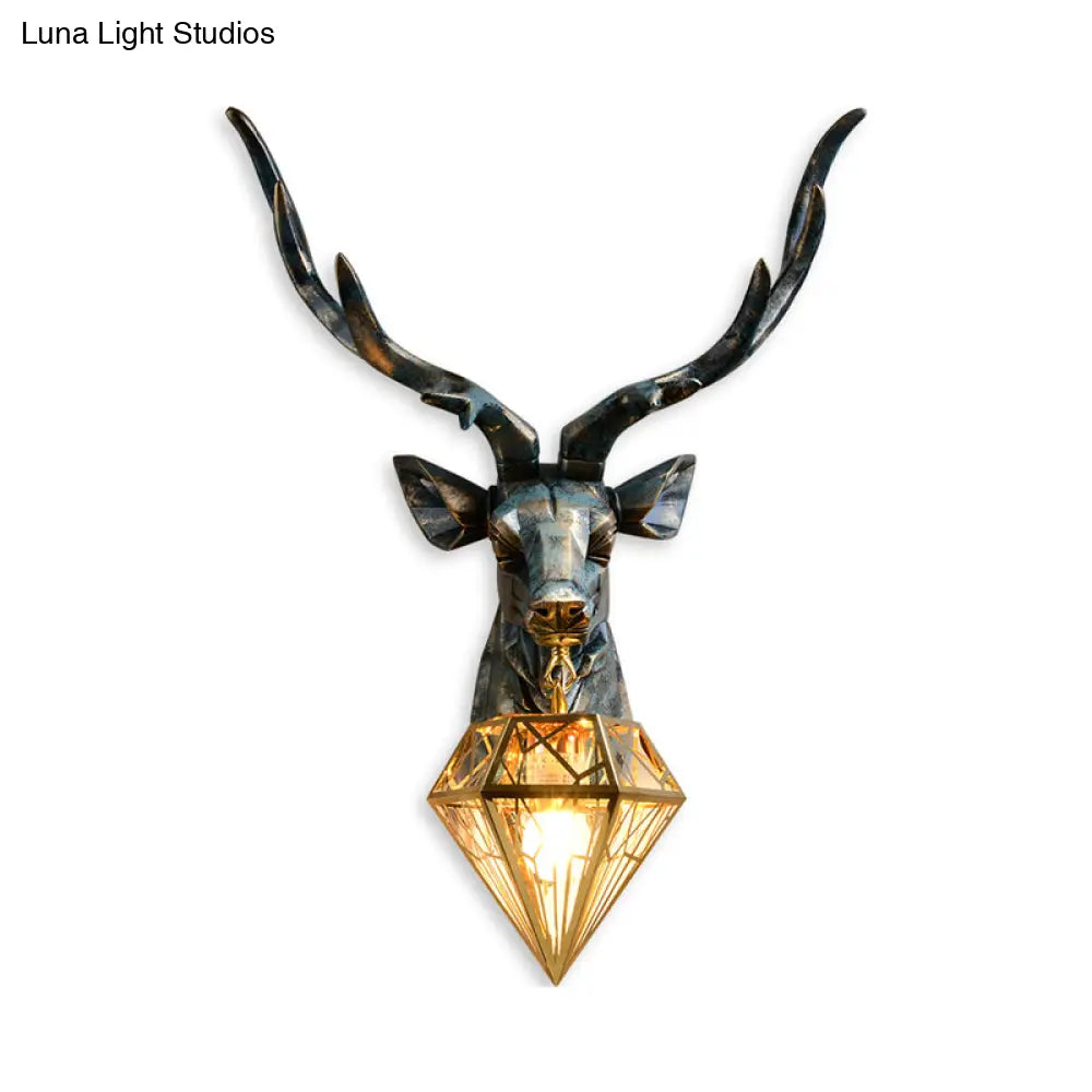 Elk Resin Wall Sconce Lamp - Lodge Style Indoor Bronze Mount Light With Diamond Cage Shade 14.5/19.5