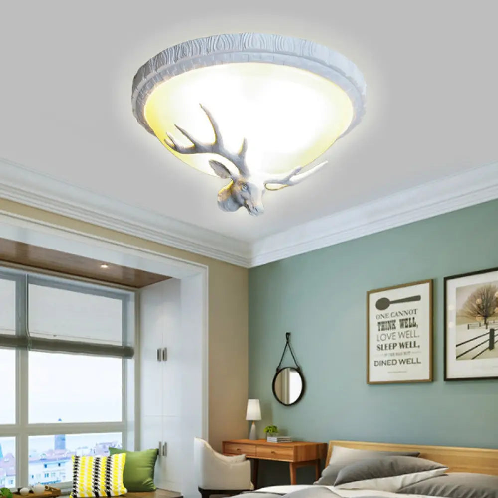 Elk - Themed Countryside Flush Mount Ceiling Lamp With 3 White Glass Lights For Bedroom