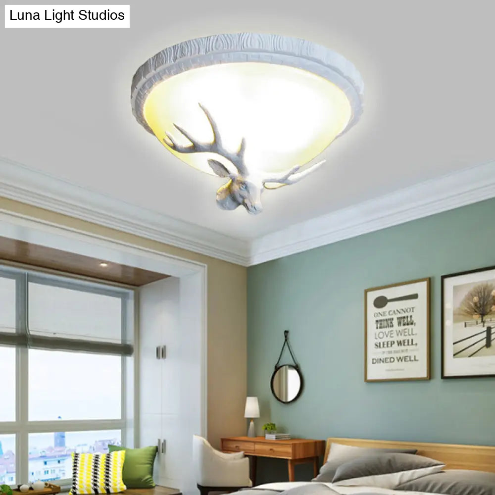 Elk-Themed Countryside Flush Mount Ceiling Lamp With 3 White Glass Lights For Bedroom