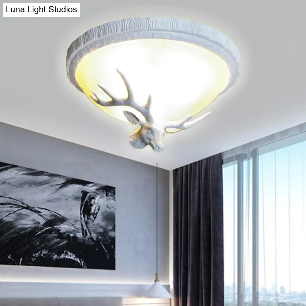 Elk - Themed Countryside Flush Mount Ceiling Lamp With 3 White Glass Lights For Bedroom