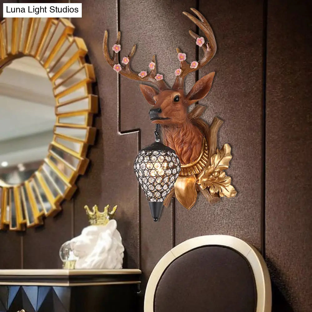 Elk Vanity Lamp - Rustic Brown/White Sconce Light For Bathroom With Crystal Teardrop Shade