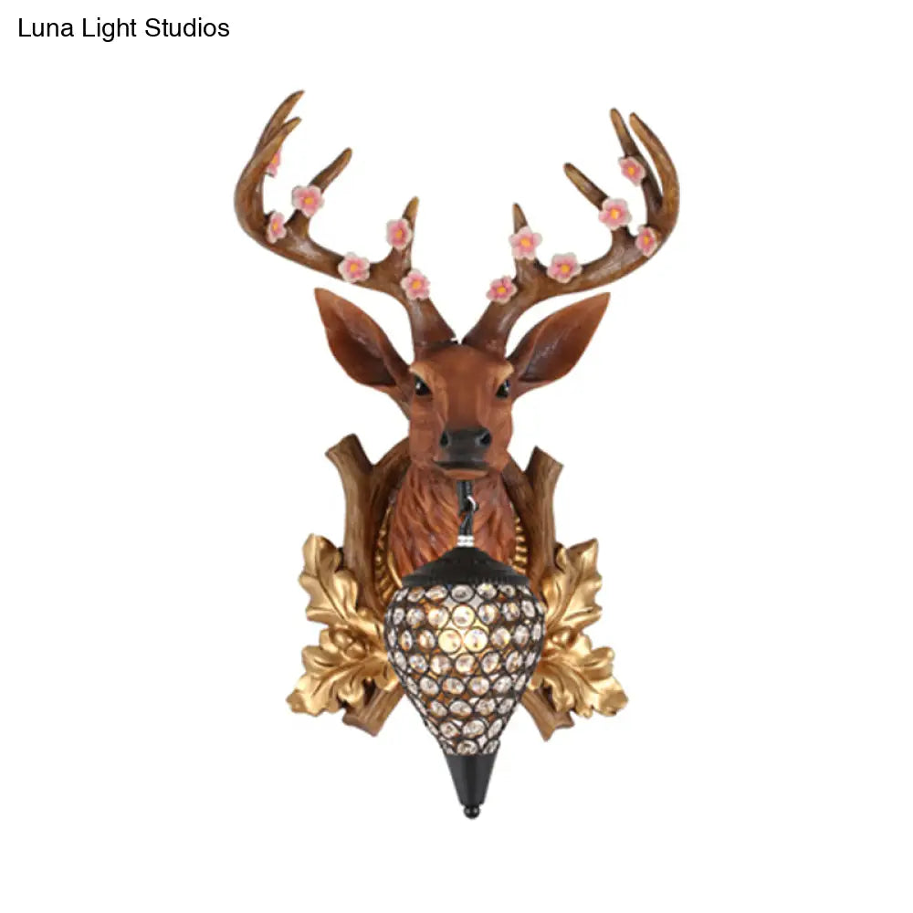 Elk Vanity Lamp - Rustic Brown/White Sconce Light For Bathroom With Crystal Teardrop Shade