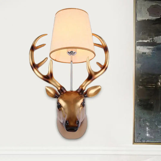 Elk Wall Lamp In Country Bronze Resin With Cone Fabric Shade - Dining Room Sconce Light Fixture