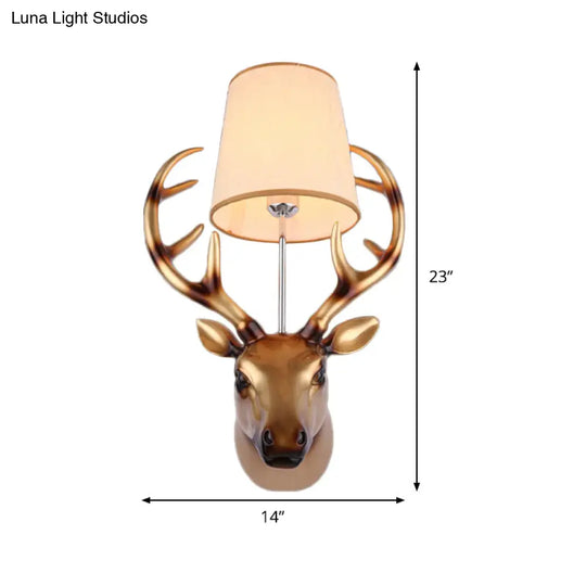 Elk Wall Lamp In Country Bronze Resin With Cone Fabric Shade - Dining Room Sconce Light Fixture