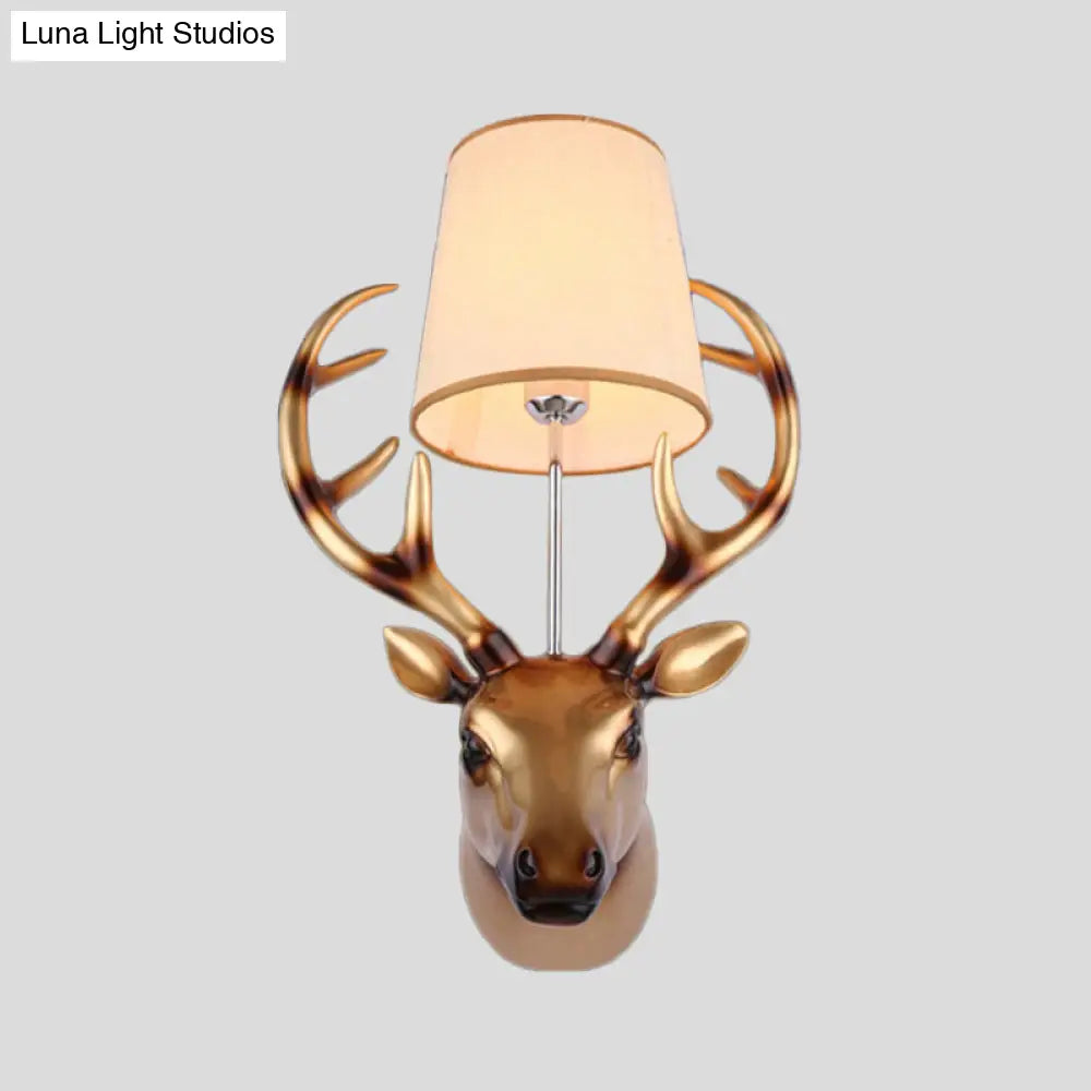 Elk Wall Lamp In Country Bronze Resin With Cone Fabric Shade - Dining Room Sconce Light Fixture