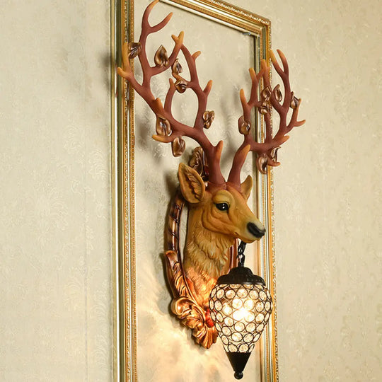 Elk Wall Mount Light: Country Style Resin Sconce With Crystal Shade For Living Room 19.5/23.5 Width