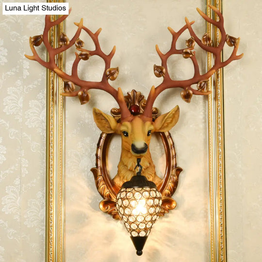 Elk Wall Mount Light: Country Style Resin Sconce With Crystal Shade For Living Room 19.5/23.5 Width