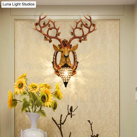 Elk Wall Mount Light: Country Style Resin Sconce With Crystal Shade For Living Room 19.5/23.5 Width