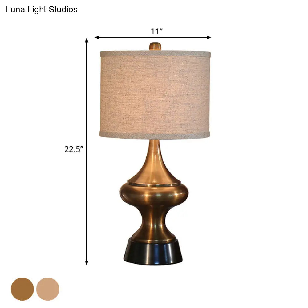 Vintage Style Bronze/Nickel Drum Shaped Desk Light With Fabric Shade - Ideal Guest Room Night Table