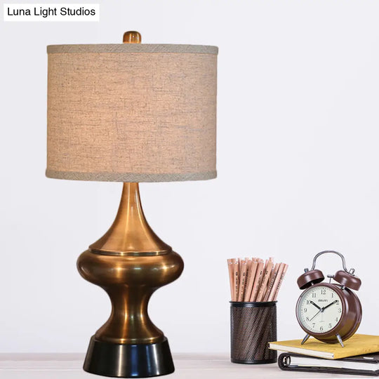 Vintage Style Bronze/Nickel Drum Shaped Desk Light With Fabric Shade - Ideal Guest Room Night Table