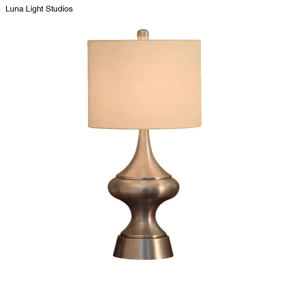 Vintage Style Bronze/Nickel Drum Shaped Desk Light With Fabric Shade - Ideal Guest Room Night Table