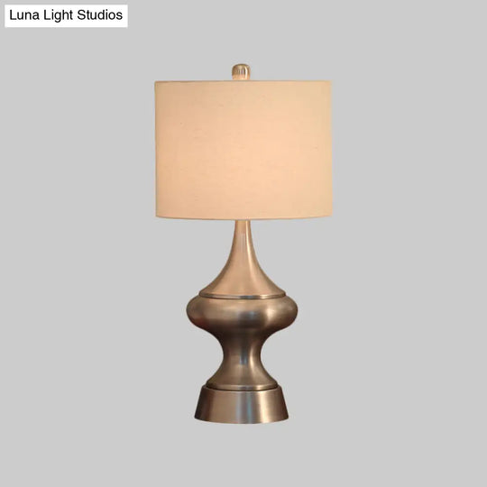 Vintage Style Bronze/Nickel Drum Shaped Desk Light With Fabric Shade - Ideal Guest Room Night Table