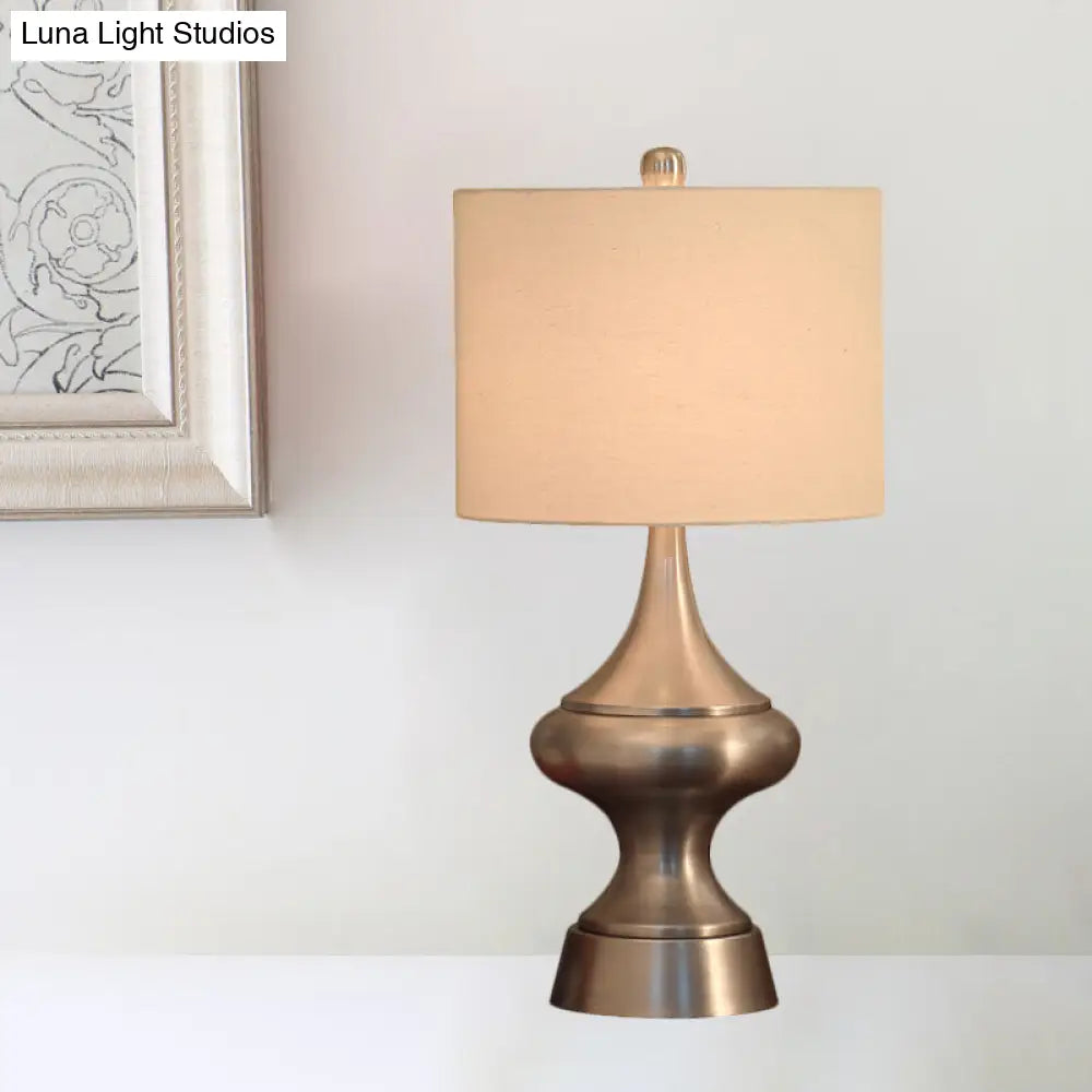 Vintage Style Bronze/Nickel Drum Shaped Desk Light With Fabric Shade - Ideal Guest Room Night Table