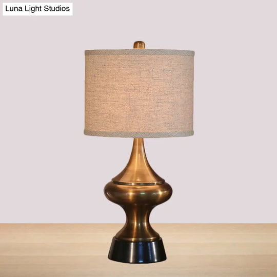 Vintage Style Bronze/Nickel Drum Shaped Desk Light With Fabric Shade - Ideal Guest Room Night Table