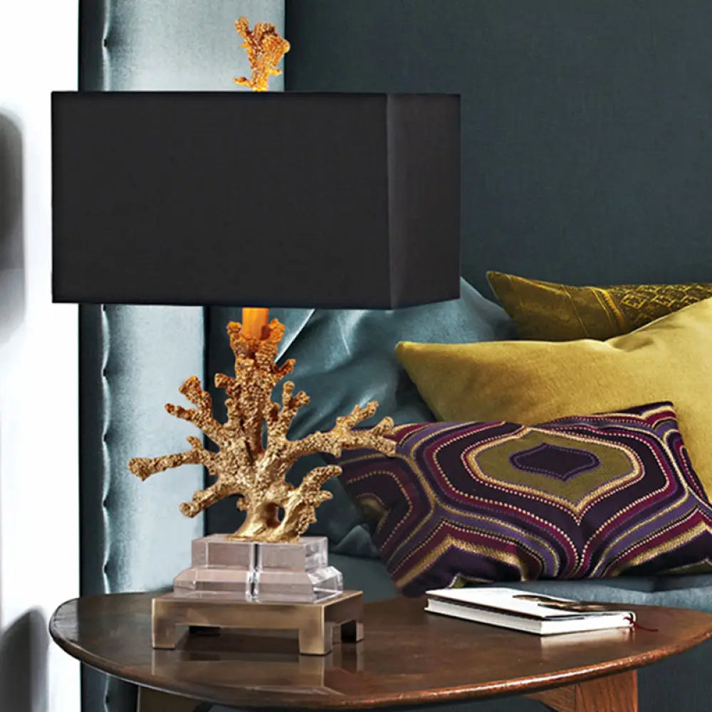 Ella - Traditional Fabric Cuboid Bedside Night Table Lamp With Coral Pedestal Black