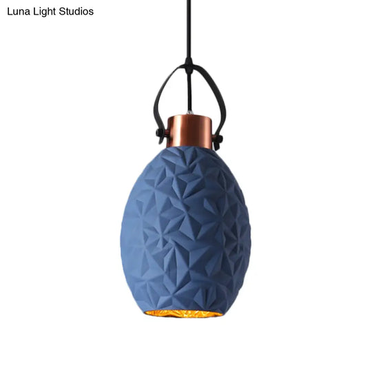 Elliptical Industrial Pendant Light With Textured Glass - Black/White/Blue 1 Bulb Copper Hanging